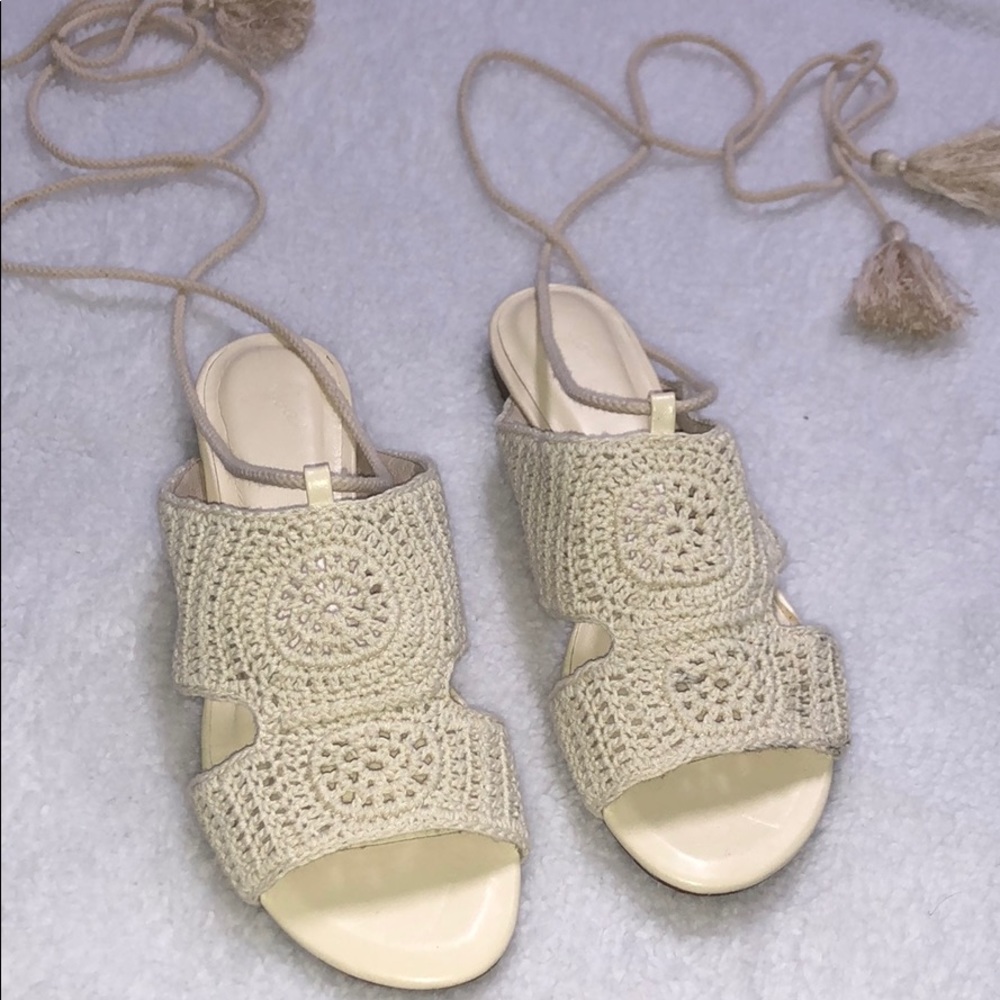 Like New Joie Ivory Crochet Ankle Tie Sandals
